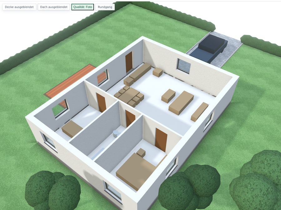 Bildschirmfoto des Editors: 3D-Ansicht eines Bungalows mit ausgeblendetem Dach, Blick von schräg oben in die vier Räume mit Türen, Fenstern und Möbeln