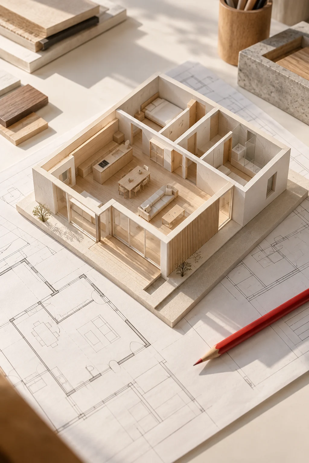Architekturmodell aus hellem Holz auf einem gezeichneten Grundriss mit rotem Bleistift